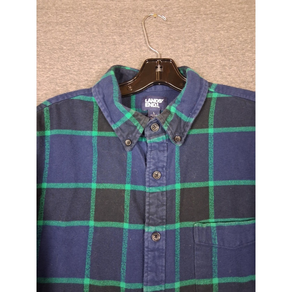 Lands End Mens Shirt L Blue Plaid Flannel Button Down Lumberjack Cabin Heritage